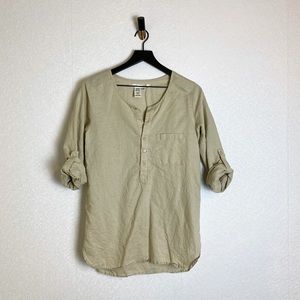 Max Studio Cotton and Linen Minimalist Tunic with Roll Tab Sleeves Khaki Tan